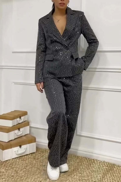 Women's Stylish Sequin Blazer and Pants Set Gray