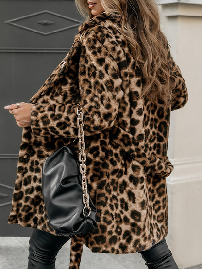 Women's Lapel Long Sleeve Leopard Print Fur Collar Casual Coat