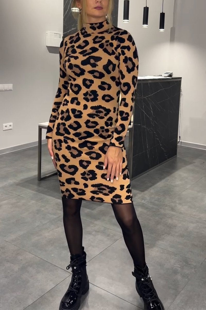 Women's Casual High Collar Leopard Printed Dress