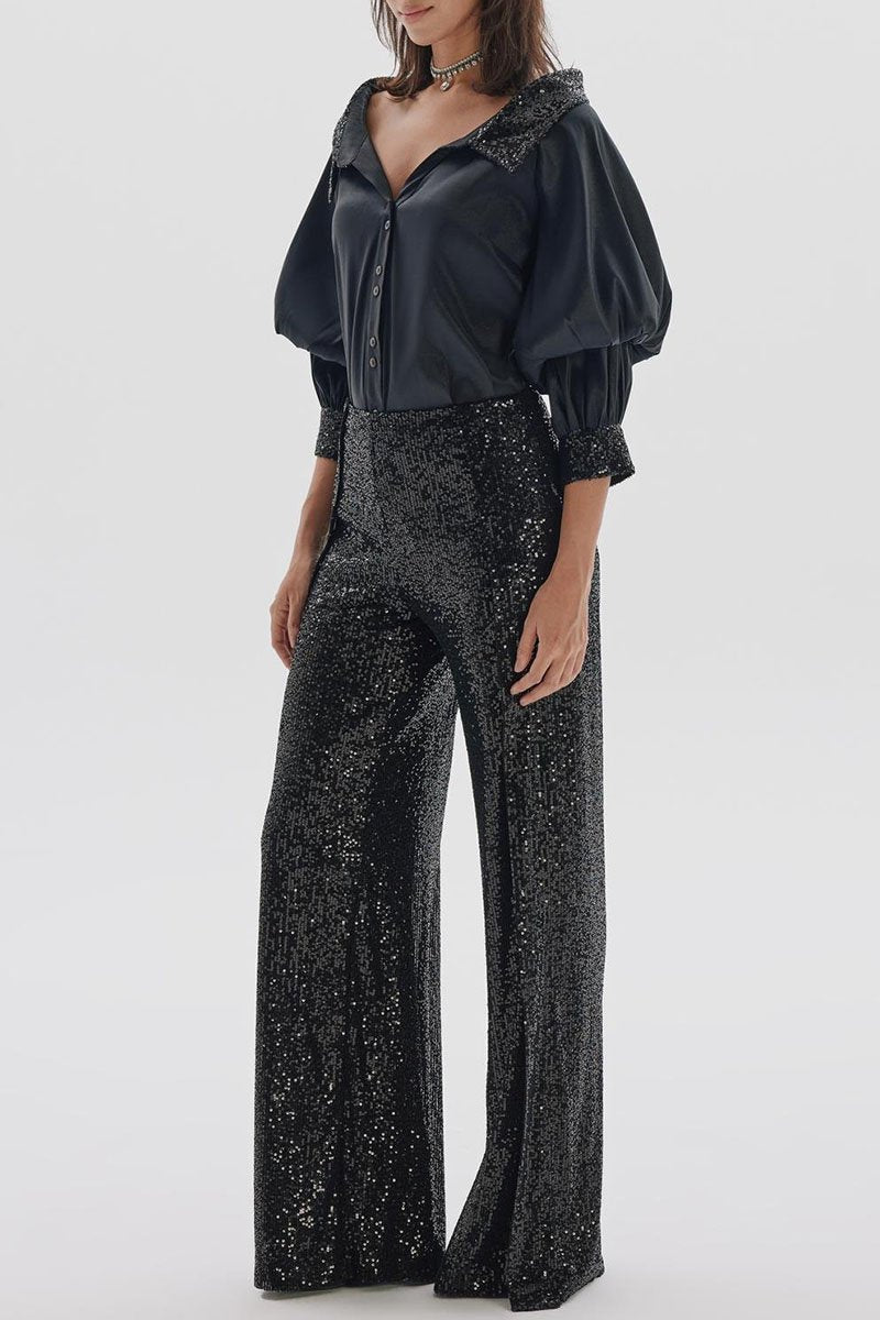 Women's Low-cut Mid-sleeve Sequined Top and Trousers Two-piece Set