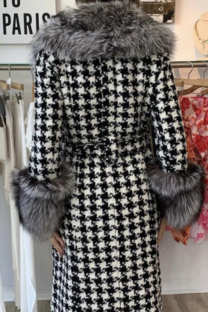 Women's Fashion Houndstooth Splicing Plush Collar Bang Belt Long Coat