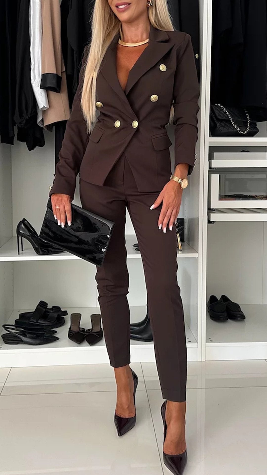 Women's Lapel Long Sleeve Elegant Suit brown