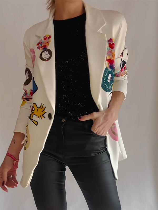 Women's Casual Lapel Cartoon Printed Suit Jacket off-white