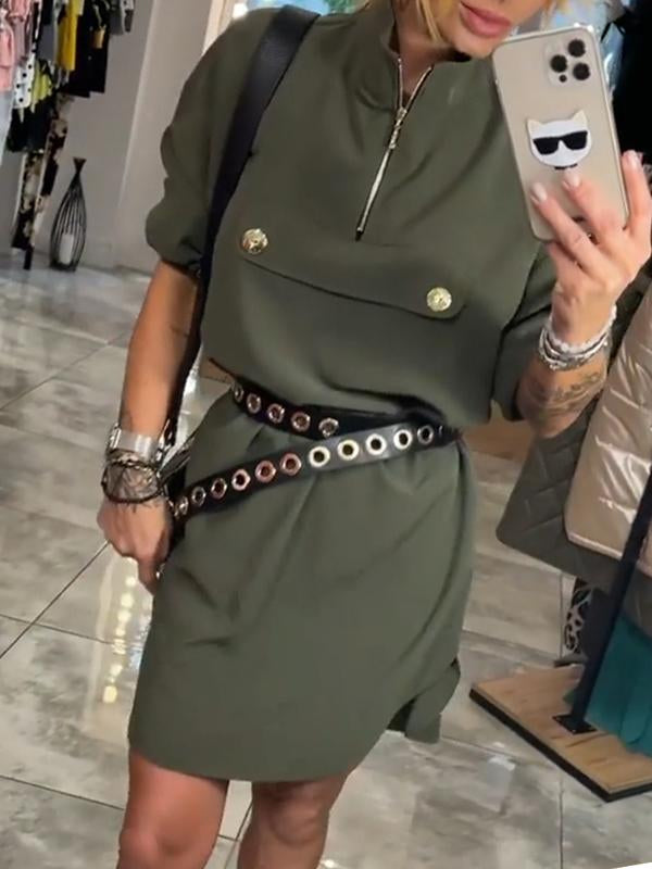 Women's Round Neck Mid-length Sleeve Half-zip Casual Work Dress army green