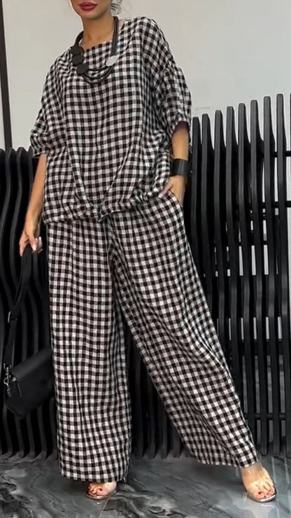 Women's Round Neck Mid-length Sleeve Plaid Print Casual Two-piece Suit white