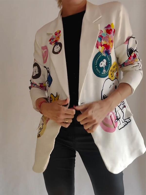 Women's Casual Lapel Cartoon Printed Suit Jacket