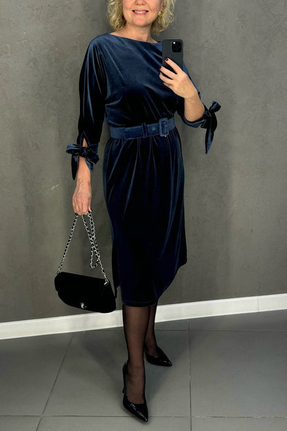 Women's Casual Round Neck Suede Dress navy blue