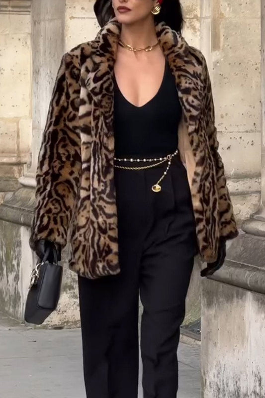 Women's Lapel Leopard Fur Coat brown