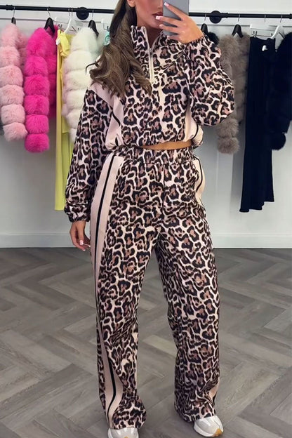 Women's Striped Patchwork Leopard Print Two-Piece Set