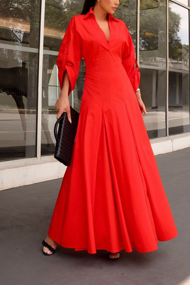 Women's Lapel Solid Color Mid-length Sleeve Dress red