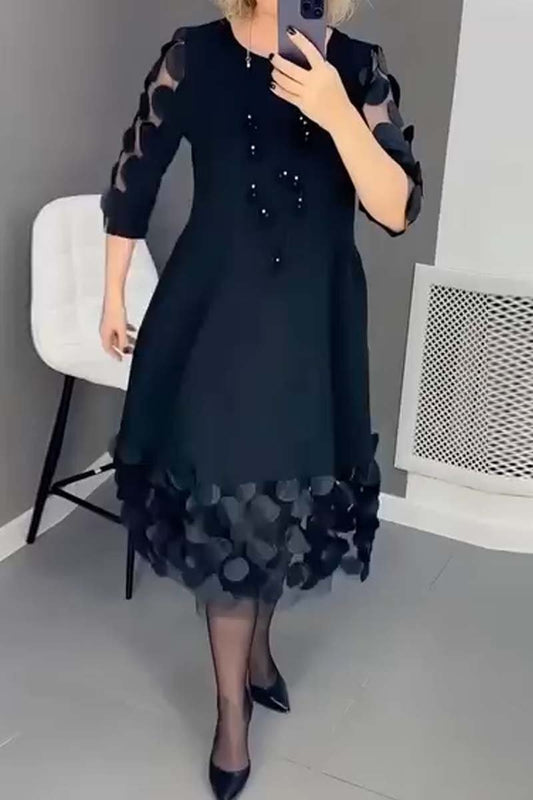 Women's Elegant Petal Net Sleeve Solid Color Dress Black