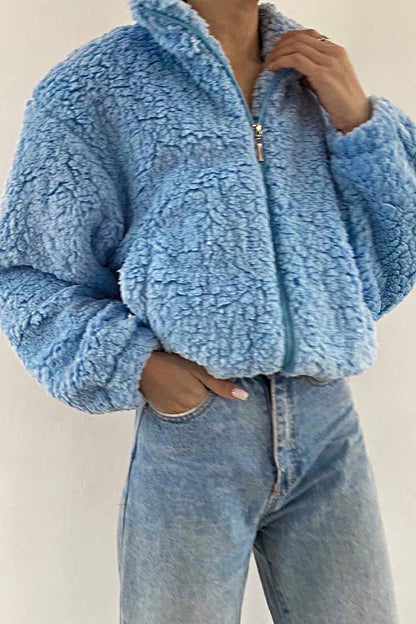 Women's Solid Color Fur Coat Top Bule