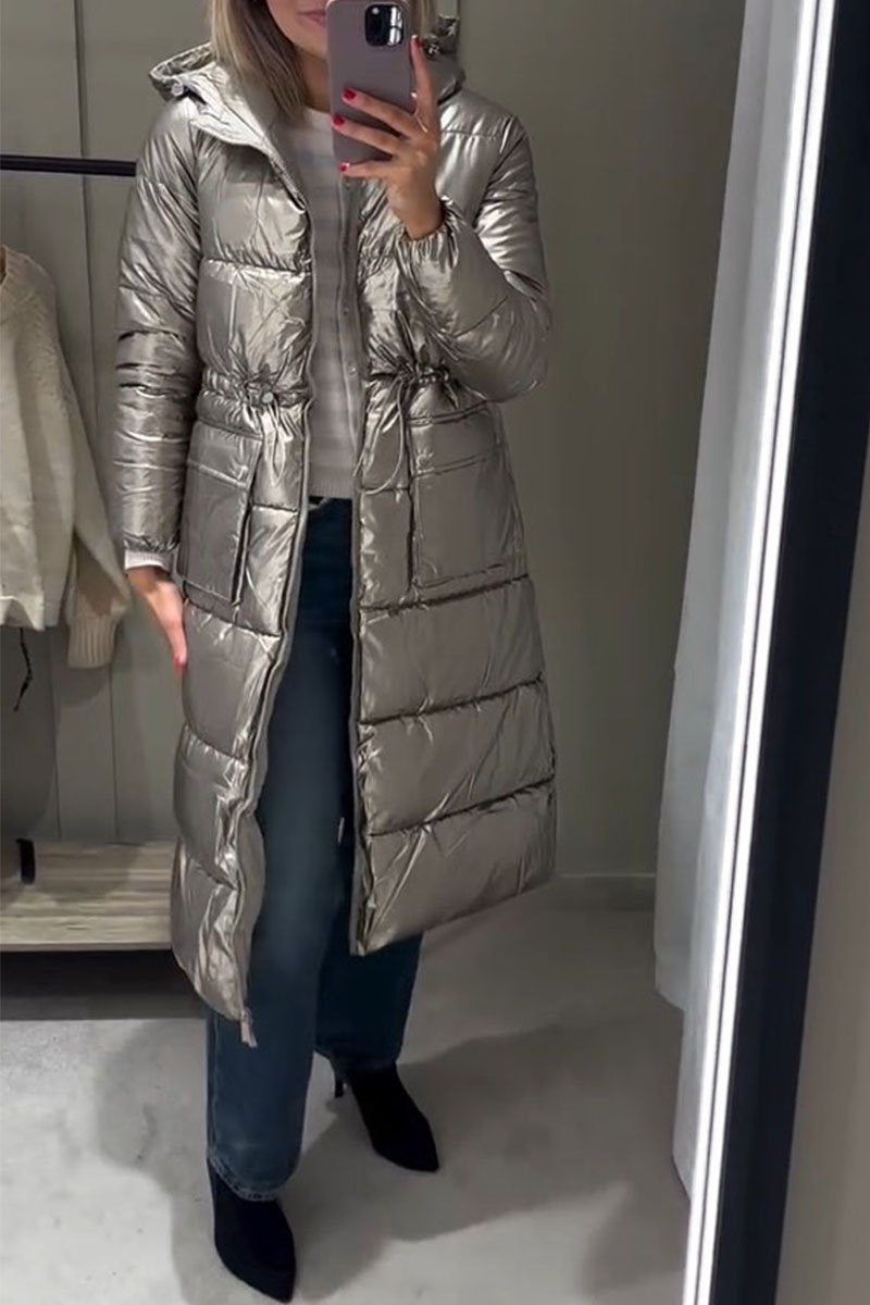 Women's Metallic Silver Hooded Long Coat silvery