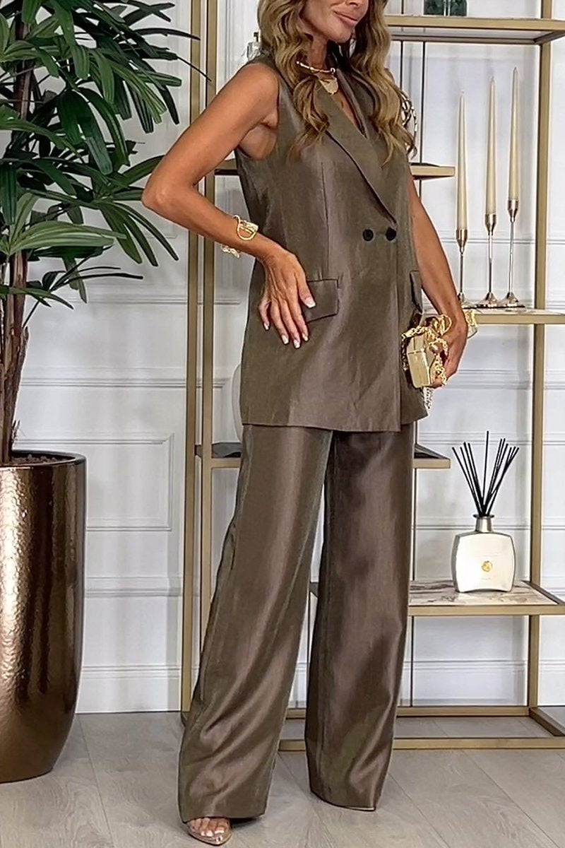 Women's Casual Lapel Sleeveless Two-piece Suit Khaki