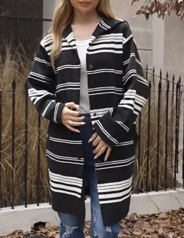 Women's Knitted Hooded Long-sleeved Striped Coat black