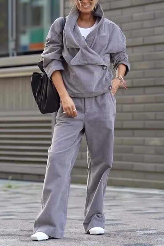 Women's Casual Loose Corduroy Pants Suit Gray