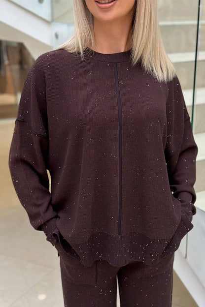 Women's Round Neck Long Sleeve Sequined Sweater Two Piece Set