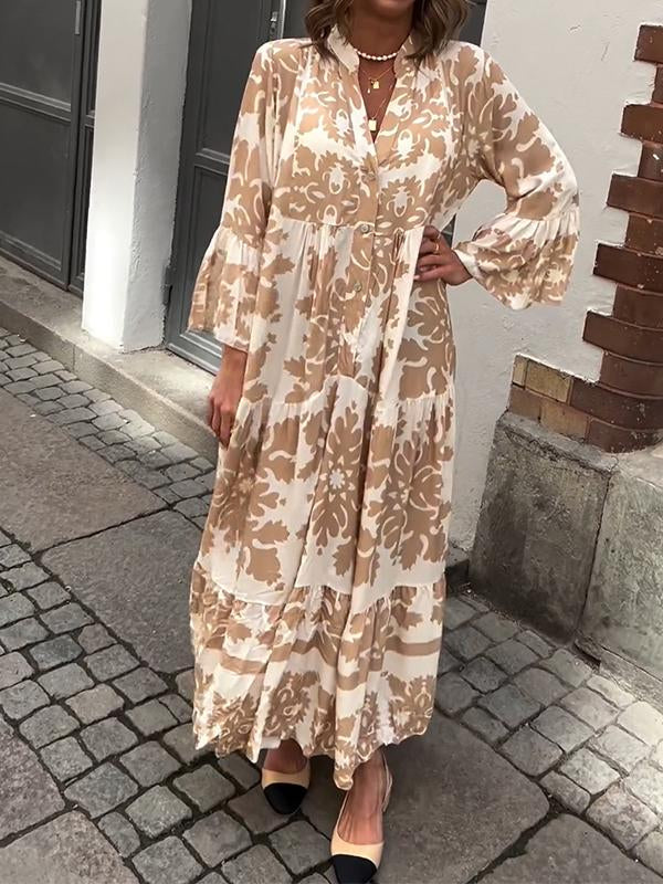 Women's V-neck Printed Long-sleeved Loose Dress yellow