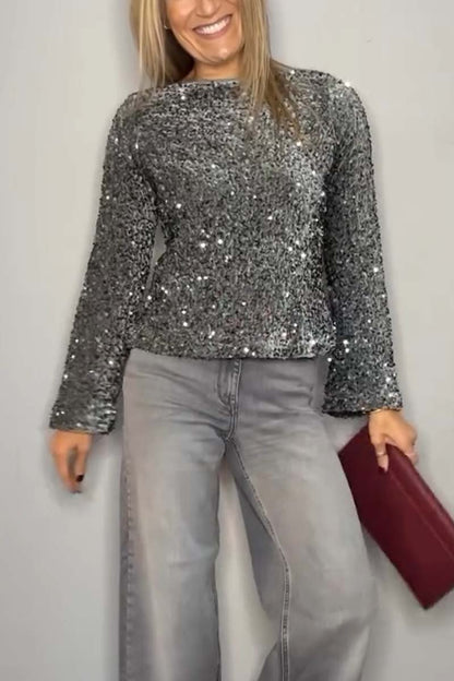 Women's Fashionable Sequined Round Neck Long Sleeve Top Silver