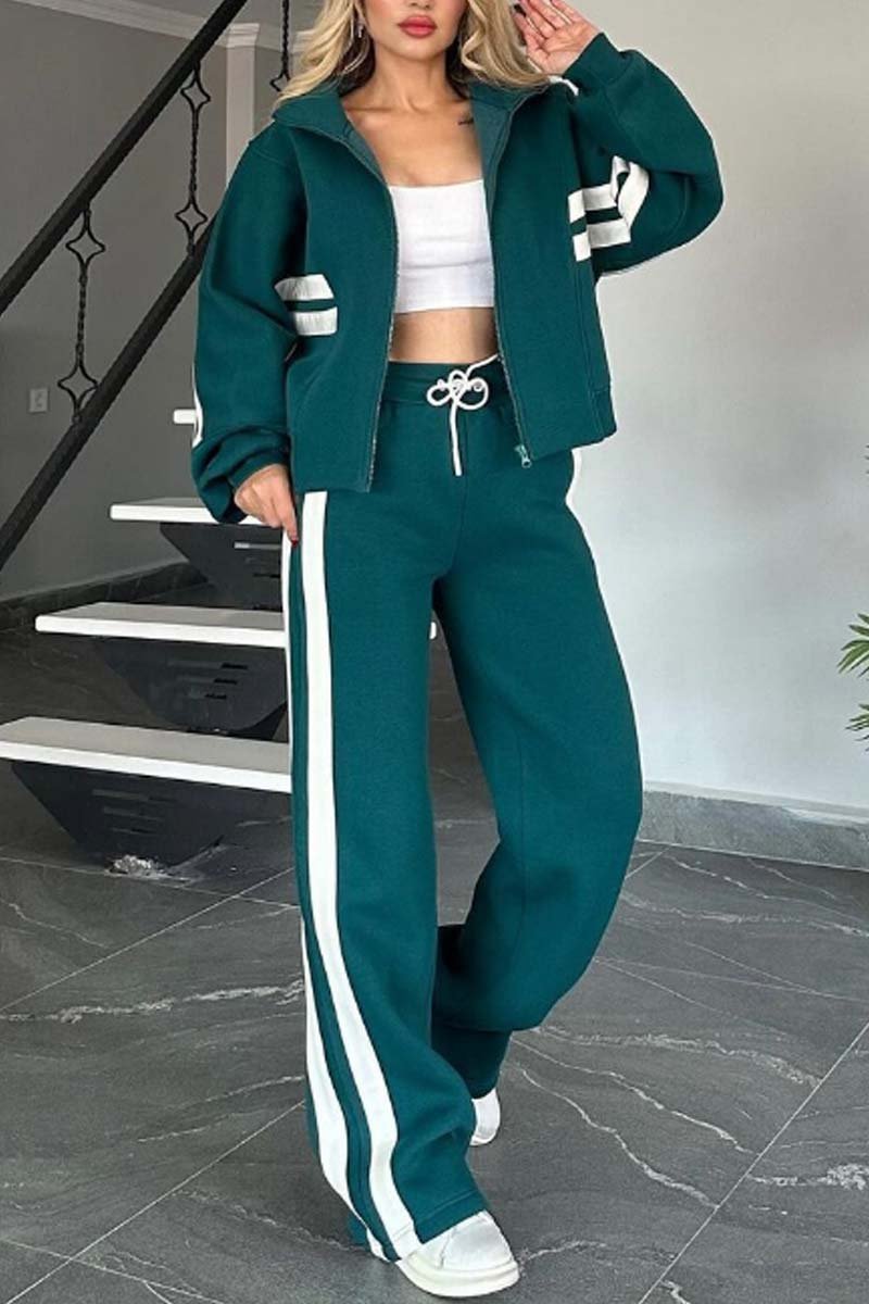 Women's Casual Contrast Web Sports Suit Green