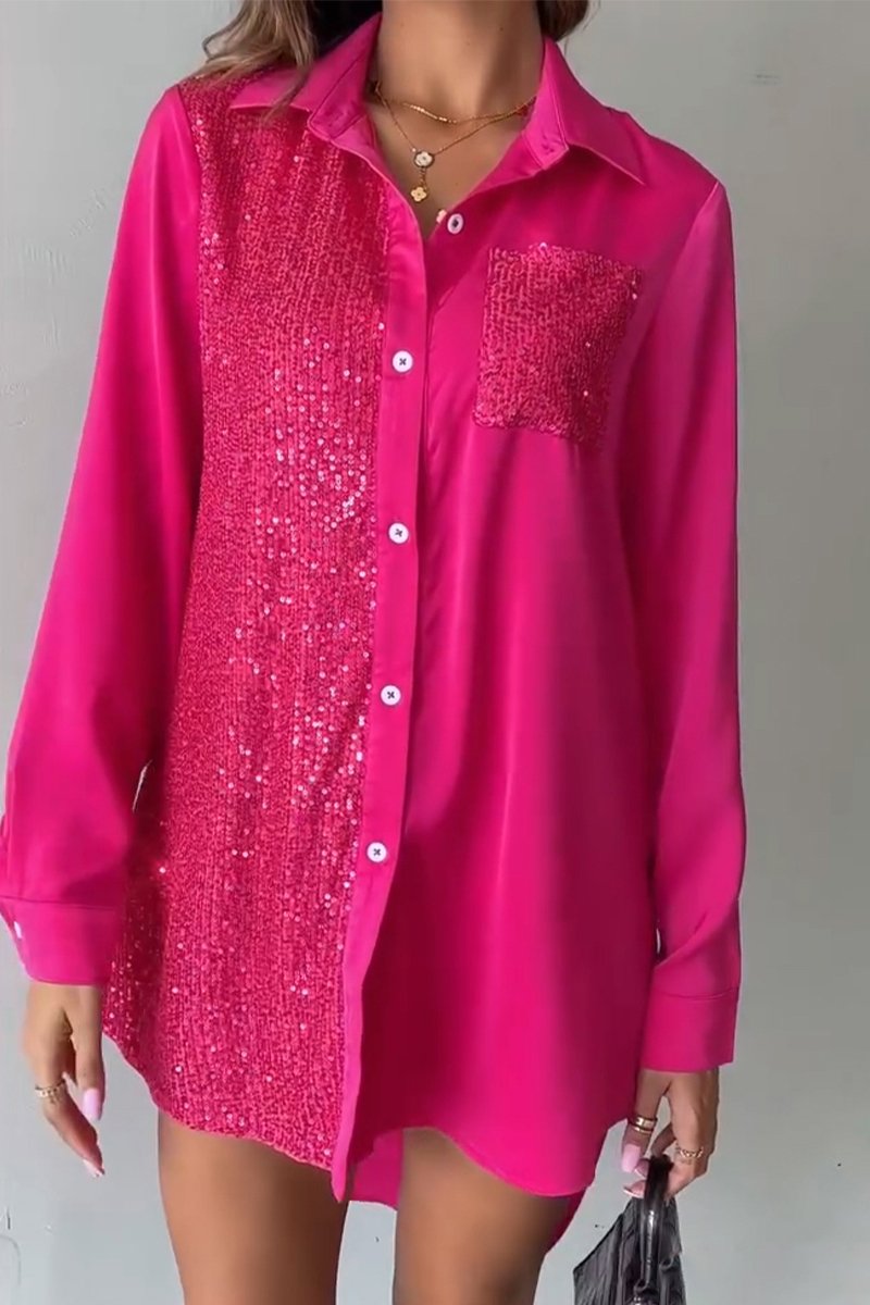 Women's Casual Lapel Sequined Long Shirt