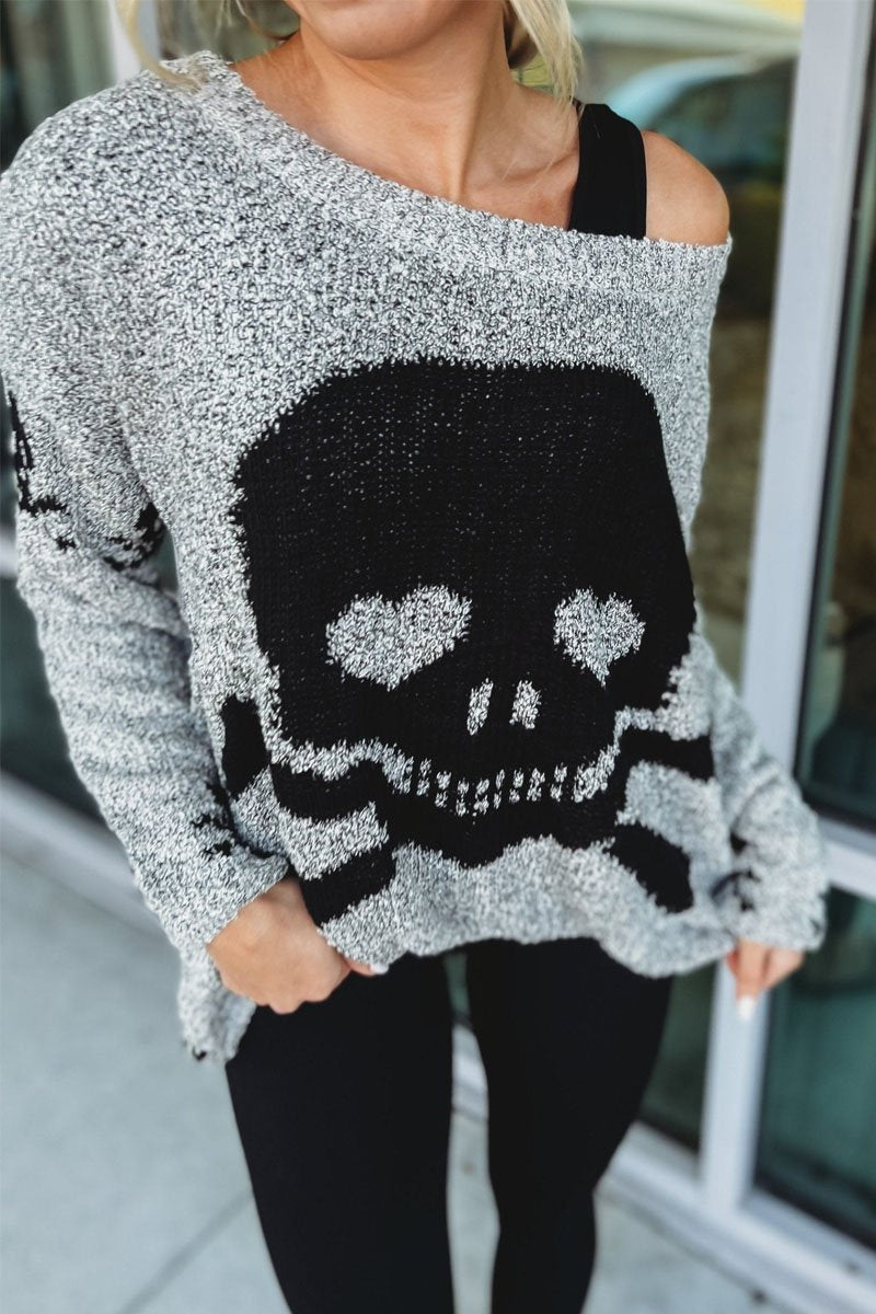 Women's Casual Skull Long Sleeve Knitted Pullover Sweaters grey