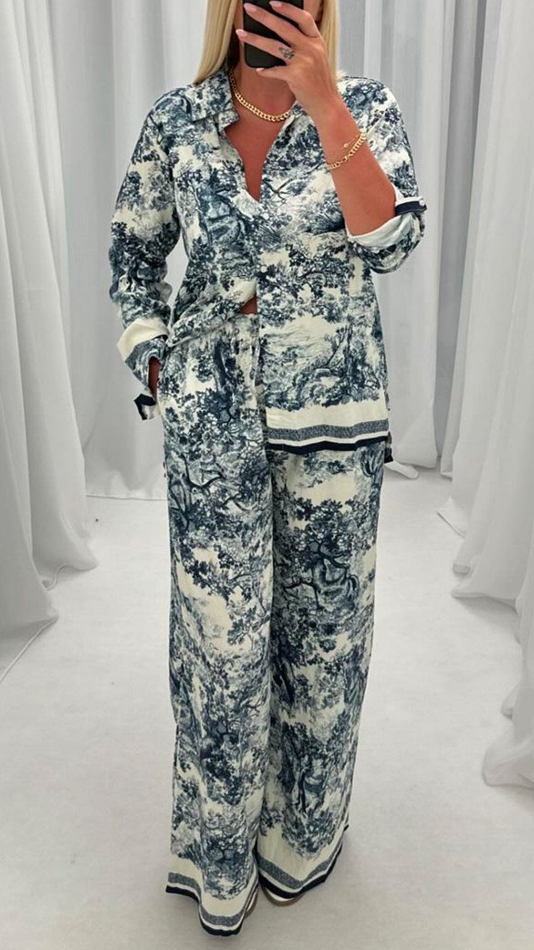 Women's Lapel Long-sleeved Printed Casual Two-piece Suit