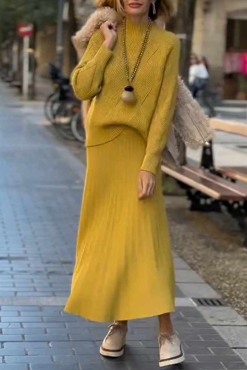 Women's Turtleneck Long-sleeved Sweater and Skirt Two-piece Set yellow