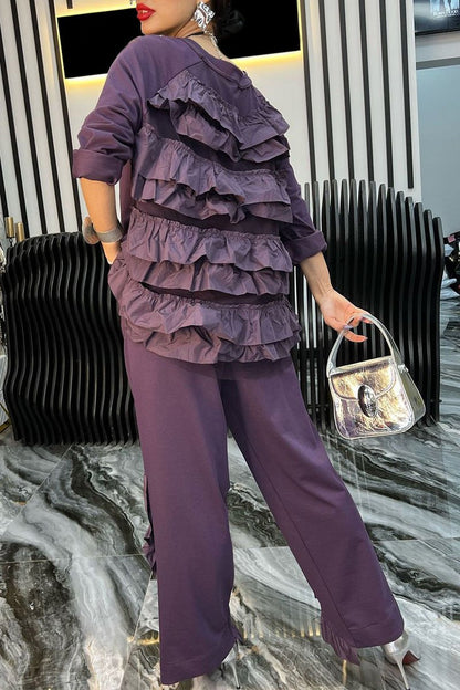 Women's Solid Color Ruffled Top and Trousers Set