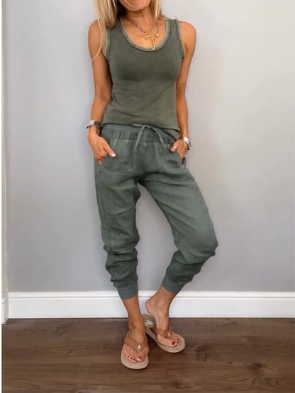 Women's Cotton and Linen Casual Two-piece Set Green