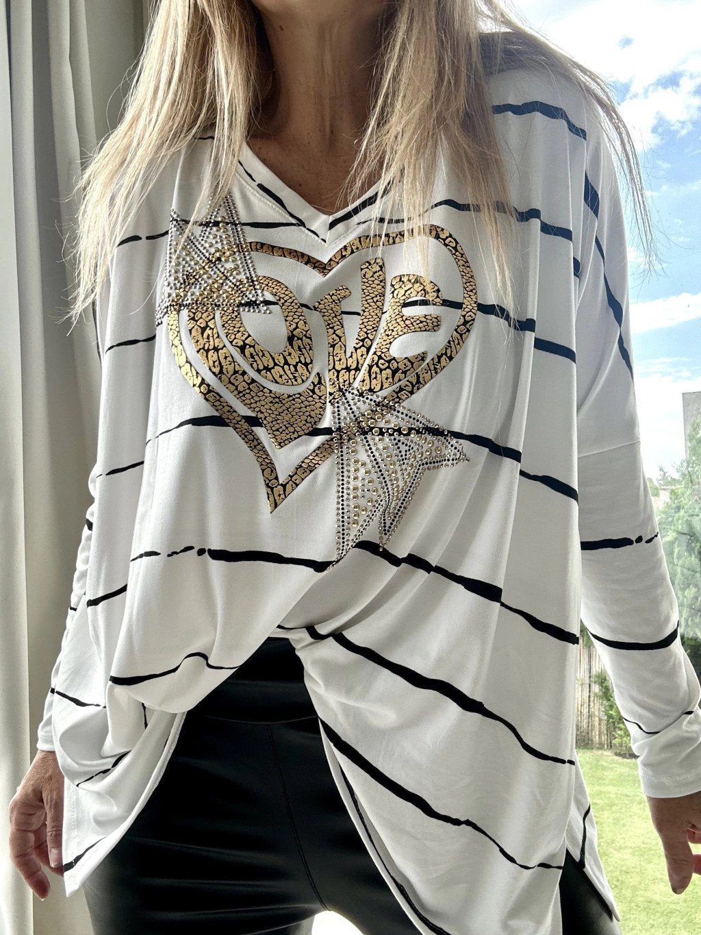 Women's Casual Heart Print Striped Long Sleeve Top