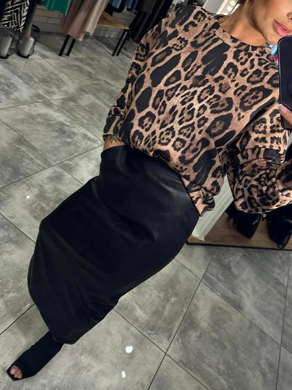 Women's Round Neck Long Sleeve Leopard Print Top and Skirt Set