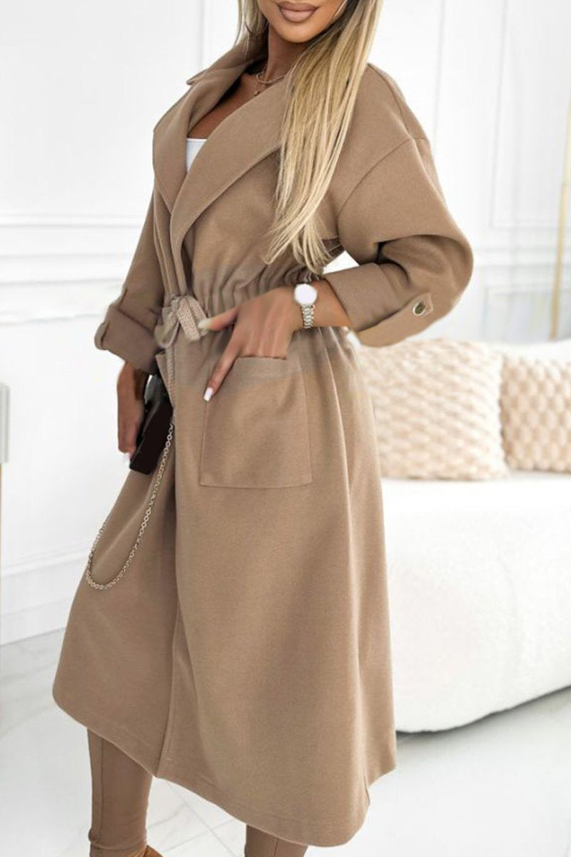 Ladies Lapel Long Sleeve Drawstring Design Long Coat