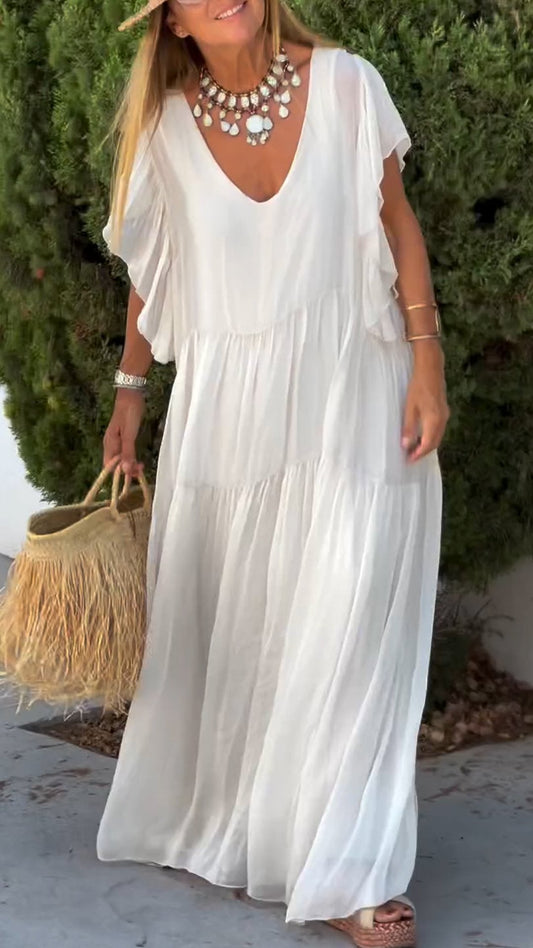 Women's V-neck Short-sleeved Chiffon Casual Dress white