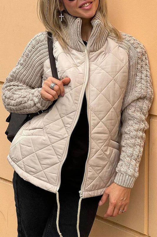 Women's Casual Solid Color Knitted Patchwork Zipped Jacket khaki