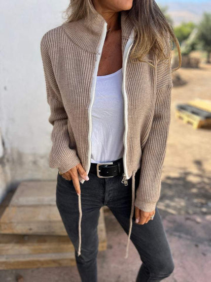 Crew Neck Knitted Casual Long-sleeved Cardigan with Zipper khaki