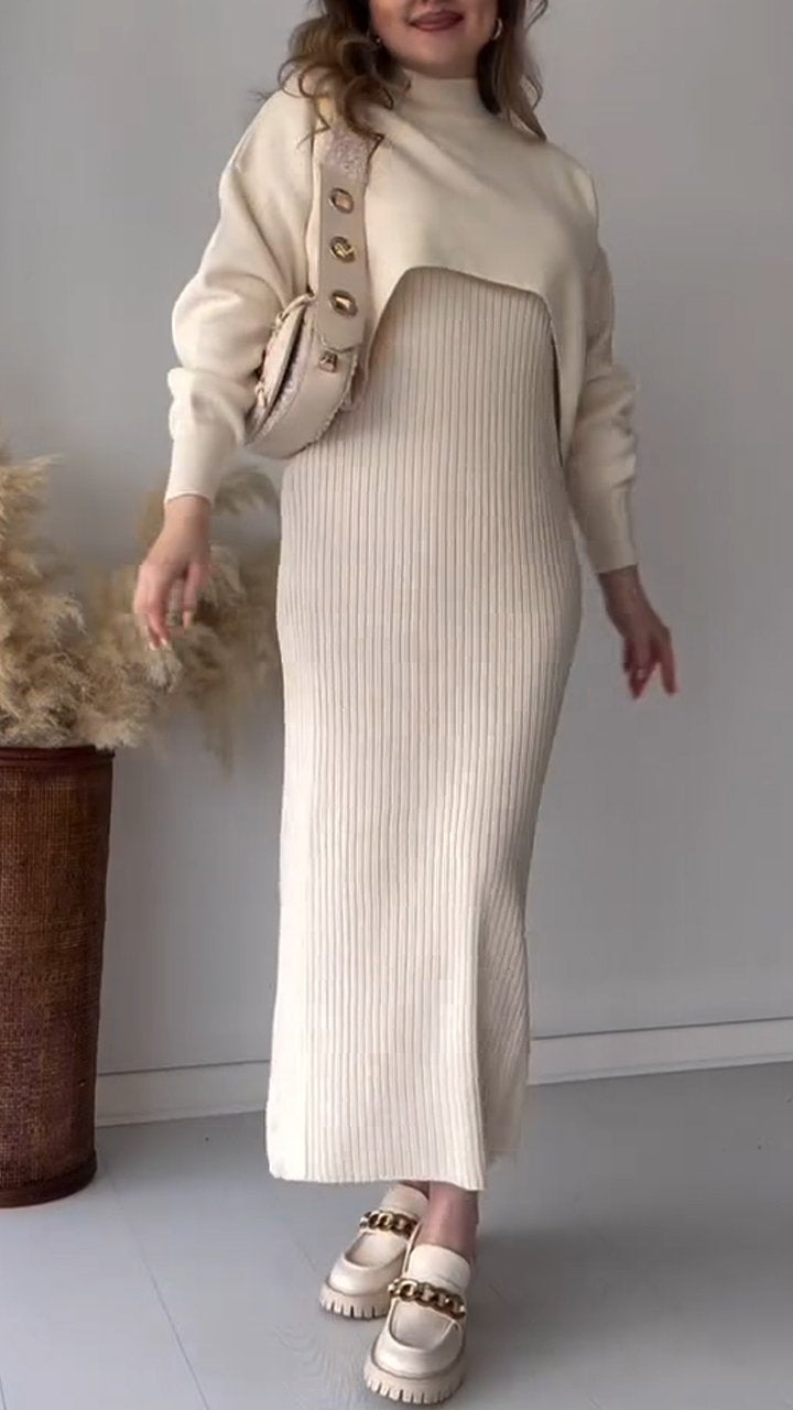 Women's Long-sleeved Pullover and Dress Two-piece Set beige