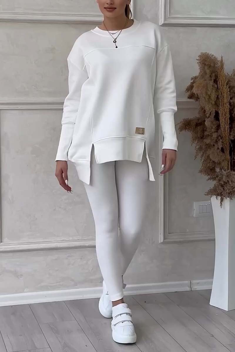 Women's Casual Solid Color Round Neck Long Sleeve Slit Hem Sweatshirt Leggings Set White