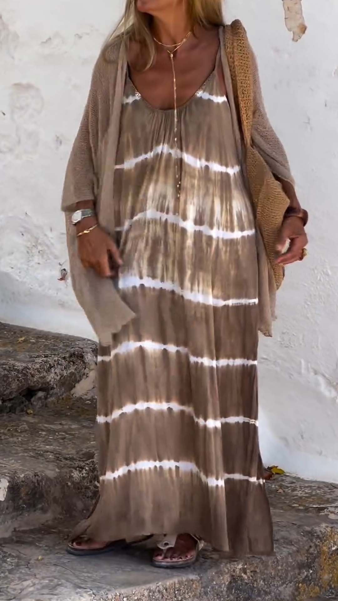 Women's Casual Tie-dye Slip Dress and Cardigan brown