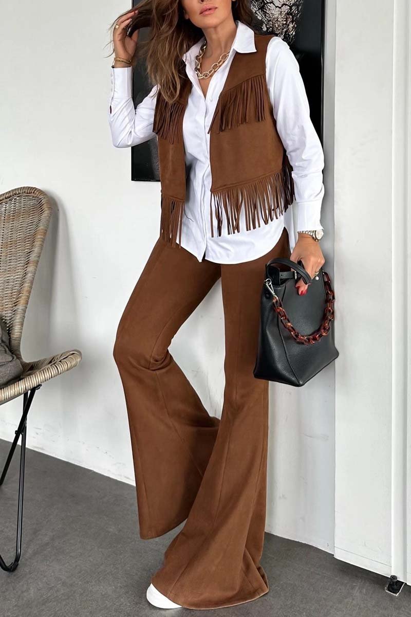 Women's Stylish Suede Fringe Sleeveless Top and Flare Pants Two-Piece Set