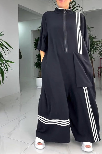 Women's Lapel Mid-Sleeve Striped Casual Jumpsuit