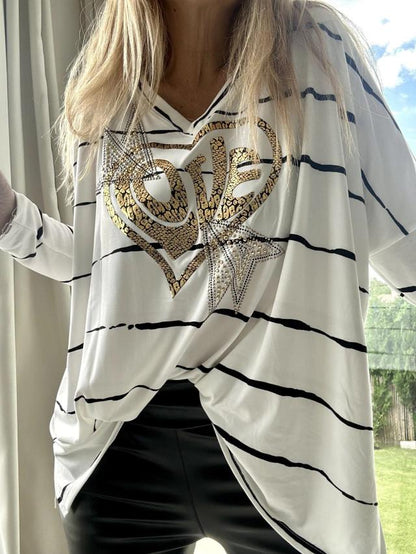 Women's Casual Heart Print Striped Long Sleeve Top