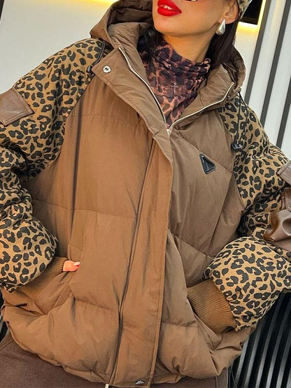 Women's Leopard Print Hooded Patchwork Coat