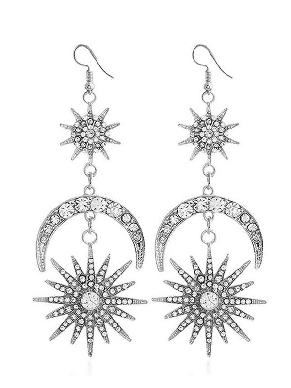 Geometric Star Earrings Sun Moon Retro Earrings Silver one-size