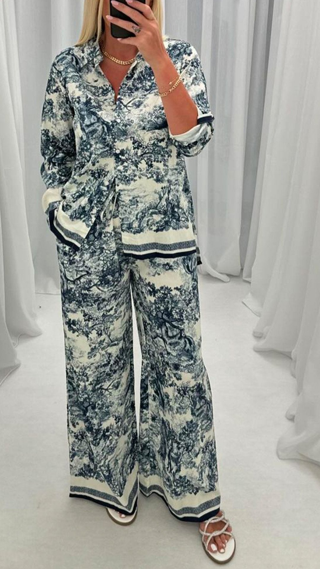 Women's Lapel Long-sleeved Printed Casual Two-piece Suit