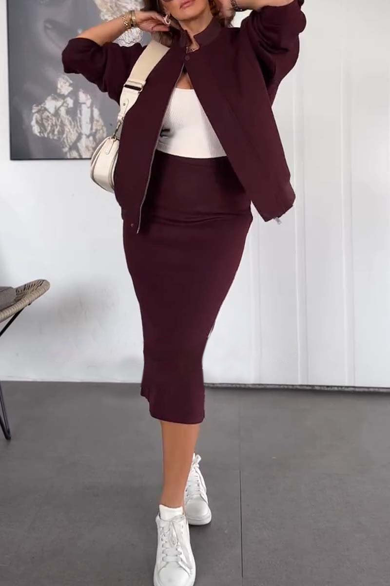 Women's casual solid color skirt suit Wine Red