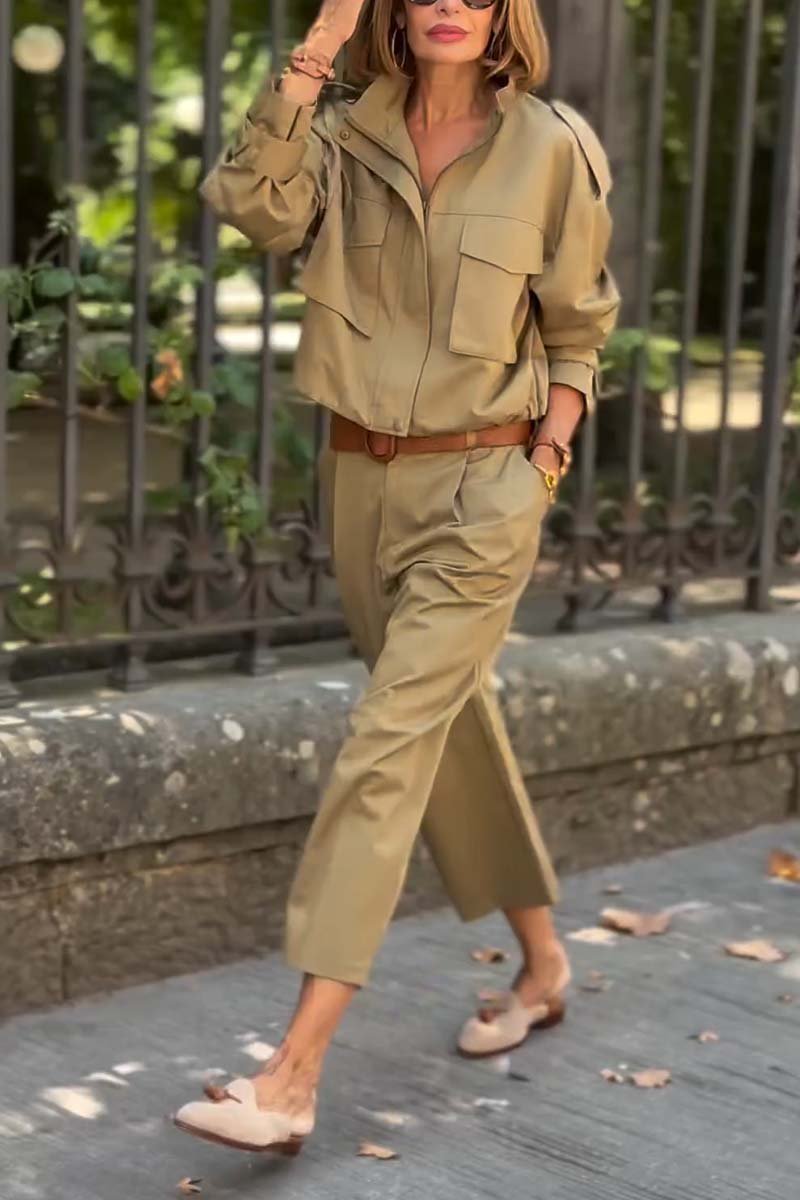 Women's Casual Double Pocket Loose Two-Piece Set Khaki