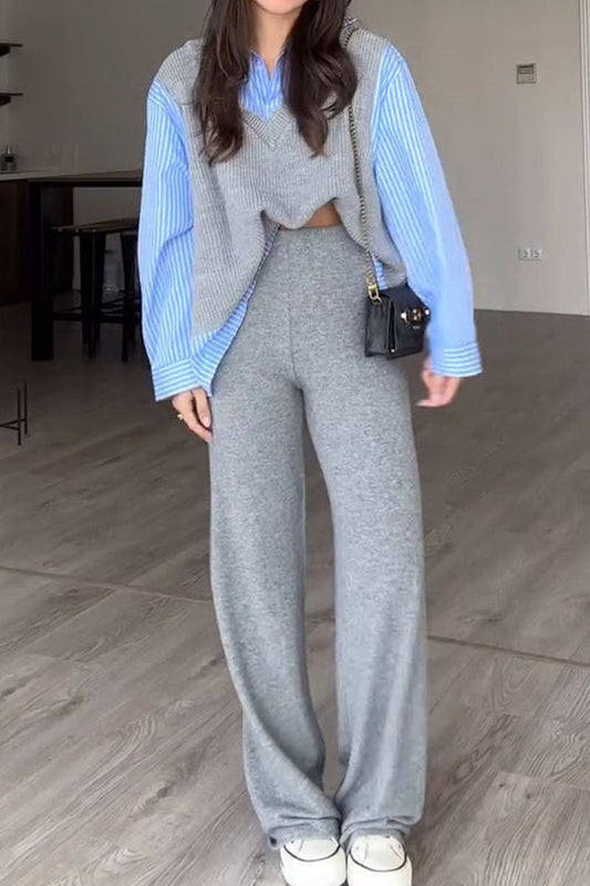 Women's Long Sleeve Patchwork Sweater Two Piece Set grey