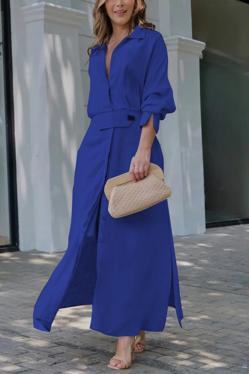 Cotton and linen solid color maxi dress Blue