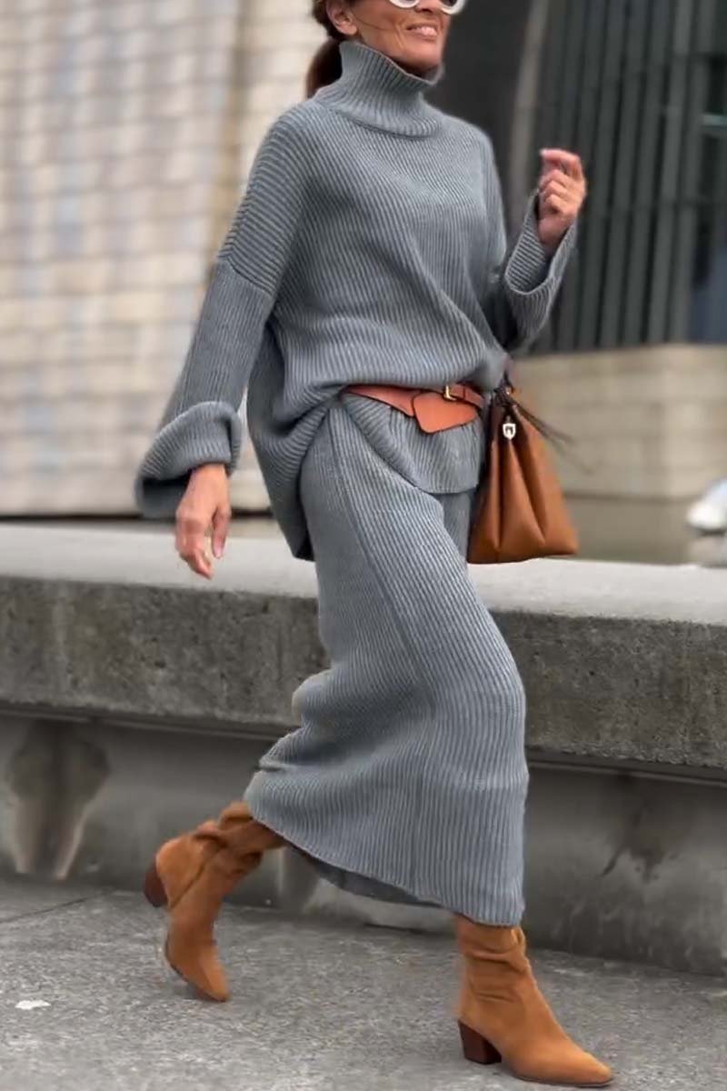 Women's simple and comfortable sweater skirt suit Gray